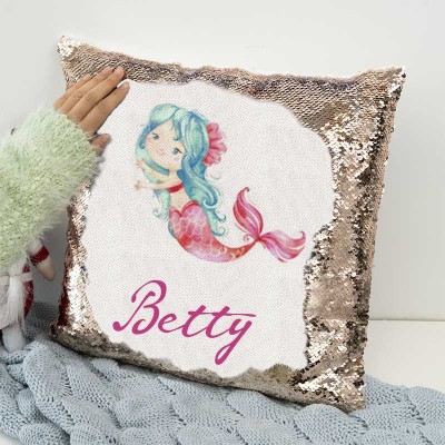 Cadeau d'anniversaire personnalisé de fille de sirène d'oreiller de nom de sequin