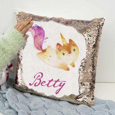 Cadeau d'anniversaire de fille d'oreiller de nom de sequin personnalisé