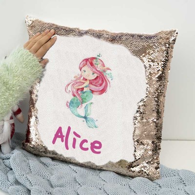 Cadeau d'anniversaire personnalisé de fille de sirène d'oreiller de nom de sequin