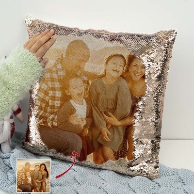 Oreiller photo à paillettes personnalisé pour la famille