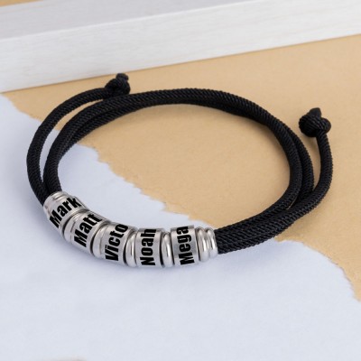Bracelet réglable cordon noir homme avec perles personnalisées cadeau d'anniversaire de Noël pour papa mari petit ami