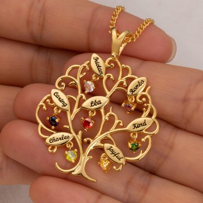 Collier d'arbre généalogique personnalisé avec pierres de naissance avec 1 à 7 noms