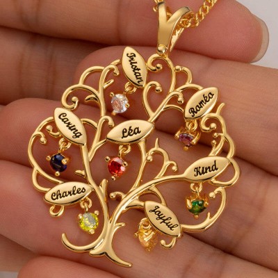 Colliers d'arbre généalogique personnalisés avec 1 à 7 noms et pierres de naissance Idées cadeaux pour la famille