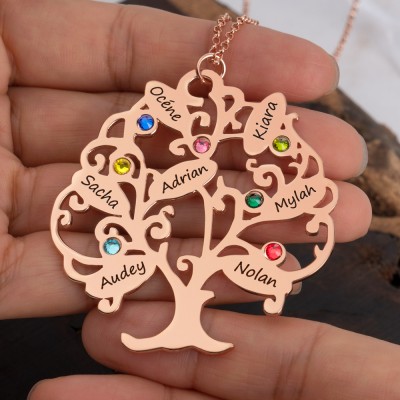 Collier Prénom Arbre Généalogique de Vie Personnalisé avec Pierre de Naissance Pour Maman