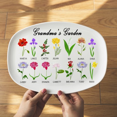 Plateau de fleurs personnalisé pour le mois de naissance avec noms de petits-enfants jardin de grand-mère pour maman famille