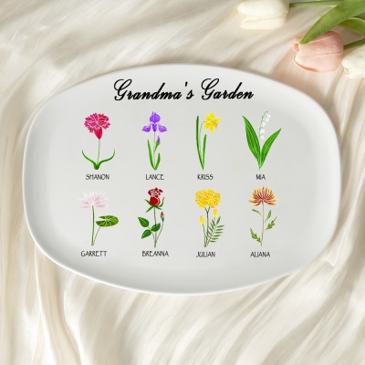 Plateau de fleurs personnalisé pour le mois de naissance avec le nom des petits-enfants Jardin de grand-mère pour la fête des mères