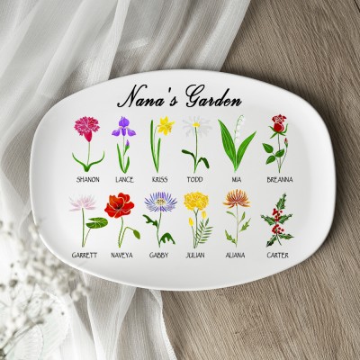 Assiette de jardin de grand-mère plateau de fleurs de mois de naissance personnalisé