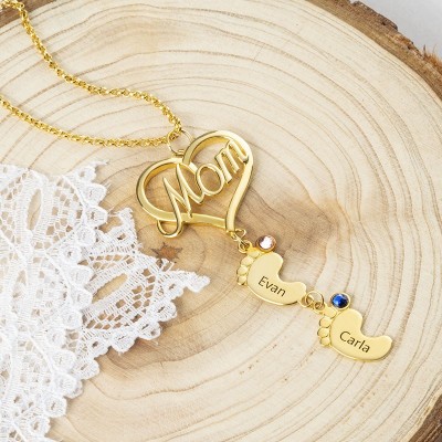 Collier de nom de pierre de naissance avec pendentif de pied de bébé coeur maman personnalisé avec 1-10 breloques