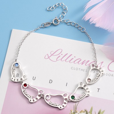 Bracelet en argent personnalisé 1-10 pieds de bébé avec nom gravé avec pierre de naissance