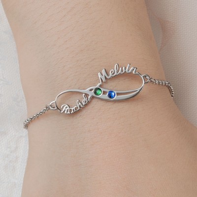 Bracelet Infinity Personnalisé 2 Noms avec Pierres de Naissance pour Couple Saint Valentin