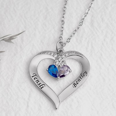 Collier personnalisé de noms de couple de coeur avec des cadeaux de Saint-Valentin de pierres de naissance