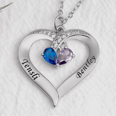 Collier personnalisé de noms de couple de coeur avec des cadeaux de Saint-Valentin de pierres de naissance