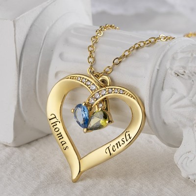 Collier personnalisé de noms de couple de coeur avec des cadeaux de Saint-Valentin de pierres de naissance
