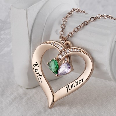 Collier personnalisé de noms de couple de coeur avec des cadeaux de Saint-Valentin de pierres de naissance