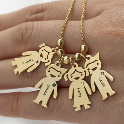 Personalized Family 1-10 Kids Charms Name Engraved Necklace With Birthstone