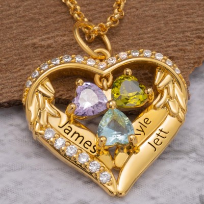 Collier Coeur Ailes d'Ange Personnalisé 1-6 Noms et Pierre de Naissance