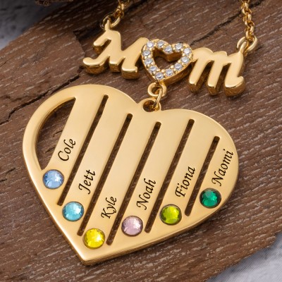 Collier Coeur Maman Personnalisé Avec Prénoms et Pierres de Naissance Enfants