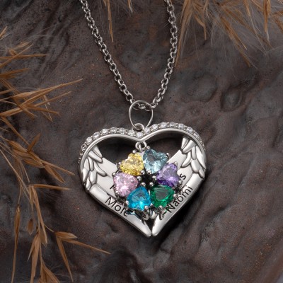 Collier coeur ailes d'ange personnalisé avec noms et pierres de naissance