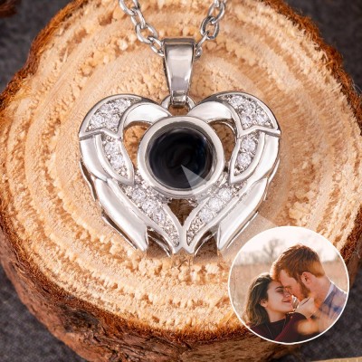 Collier personnalisé en forme d'aile d'ange et de cœur, Projection de Photo, cadeau de saint-valentin