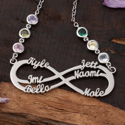 Collier infini personnalisé avec 1-8 noms et pierres de naissance pour cadeau de fête des mères