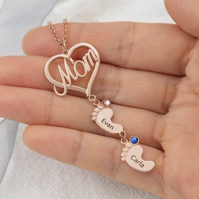 Collier de nom de pierre de naissance avec pendentif de pied de bébé coeur maman personnalisé avec 1-10 breloques