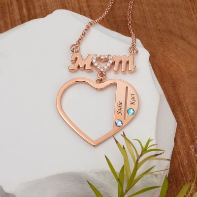 Collier Coeur Maman Personnalisé Avec Prénoms et Pierres de Naissance Enfants