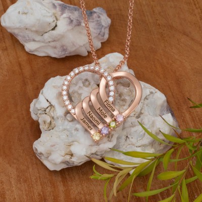 Collier coeur personnalisé avec noms et pierres de naissance pour cadeau de fête des mères