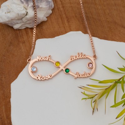 Collier infini personnalisé avec noms et pierres de naissance pour cadeau de fête des mères