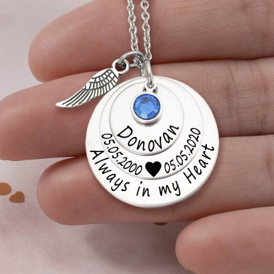 Collier en argent commémoratif gravé toujours dans mon cœur personnalisé avec pierre de naissance