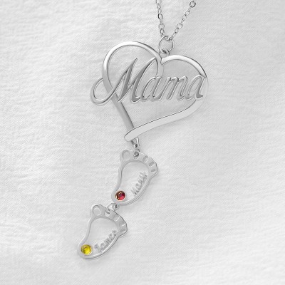 Collier de nom de pierres de naissance pendentif coeur de maman personnalisé avec 1-10 charmes de pieds de bébé creux