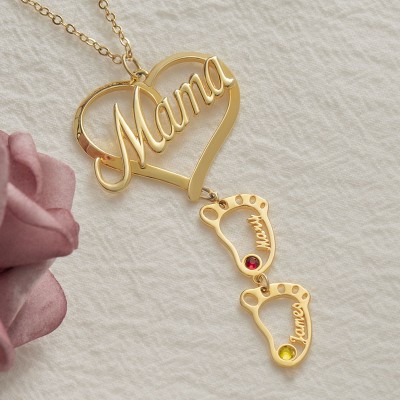  Collier de nom de pierres de naissance pendentif coeur de maman personnalisé avec 1-10 charmes de pieds de bébé creux