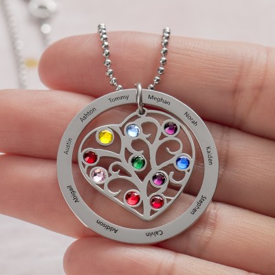 Collier personnalisé de nom de coeur de famille avec le cadeau de Noël de pierre de naissance