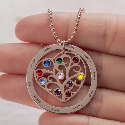 Collier personnalisé de nom de coeur de famille avec le cadeau de Noël de pierre de naissance