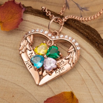 Collier Coeur Ailes d'Ange Personnalisé 1-6 Noms et Pierre de Naissance