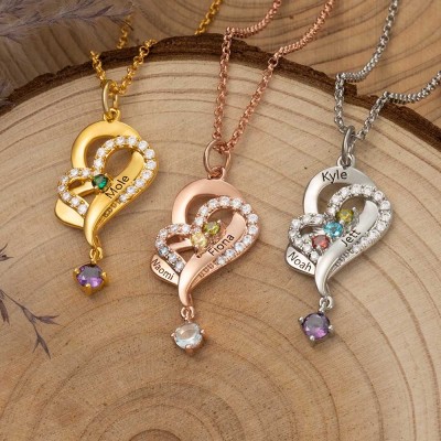 Collier Coeur Personnalisé Avec Prénoms Et Pierres De Naissance Des Enfants Pour La Fête Des Mères