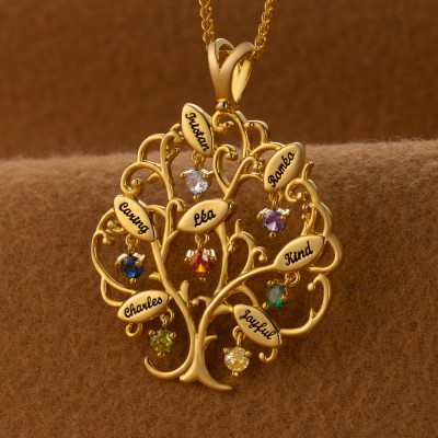 Collier personnalisé avec nom d'arbre généalogique de vie avec pierre de naissance pour idées cadeaux pour la fête des mères