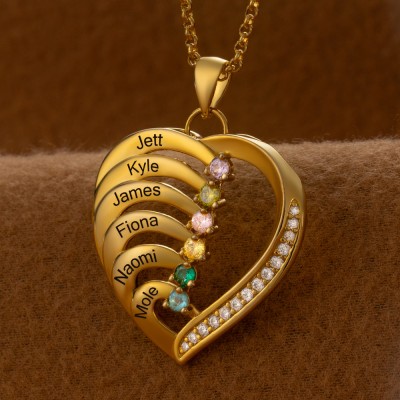 Collier coeur personnalisé avec 6 noms et pierre de naissance pour idées cadeaux d'anniversaire pour la fête des mères