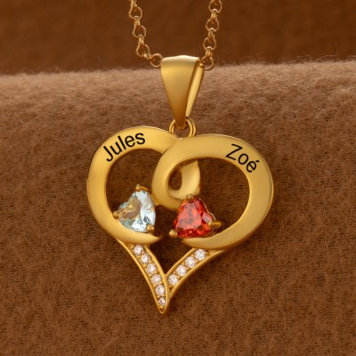 Collier personnalisé en forme de cœur avec noms de couple, avec pierres de naissance, cadeaux de saint-valentin