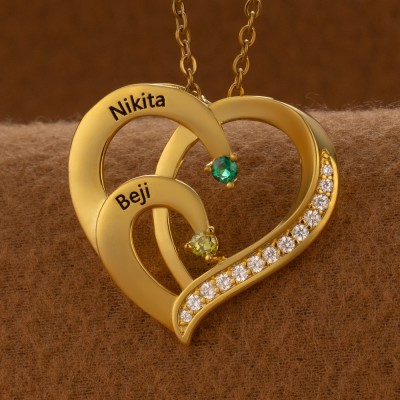 Collier personnalisé en forme de cœur avec noms de couple, avec pierres de naissance, cadeaux de saint-valentin