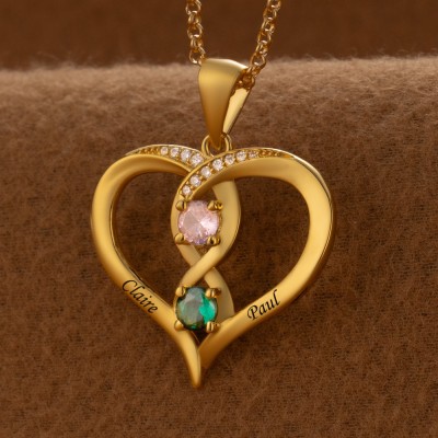 Collier personnalisé en forme de cœur avec noms de couple, avec pierres de naissance, cadeaux de saint-valentin
