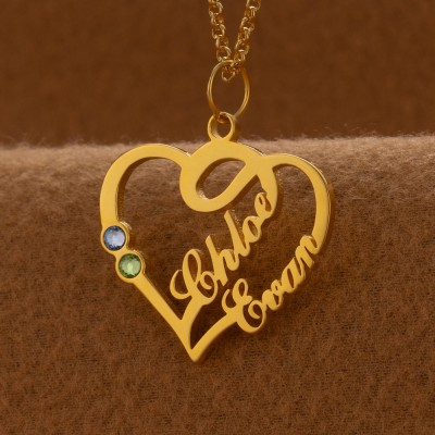 Collier personnalisé en forme de cœur avec noms de couple, avec pierres de naissance, cadeaux de saint-valentin