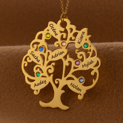 Collier personnalisé avec nom d'arbre généalogique de vie avec pierre de naissance pour idées cadeaux pour la fête des mères
