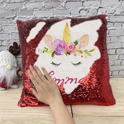 Cadeau d'anniversaire de licorne d'oreiller rouge de nom de sequin personnalisé pour des filles
