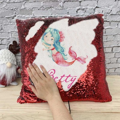 Cadeau d'anniversaire de fille de sirène d'oreiller rouge de nom de sequin personnalisé