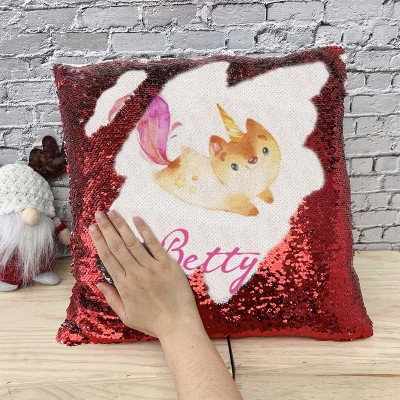 Cadeau d'anniversaire de fille d'oreiller rouge de nom de sequin personnalisé
