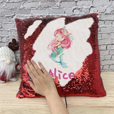 Cadeau d'anniversaire de fille de sirène d'oreiller rouge de nom de sequin personnalisé