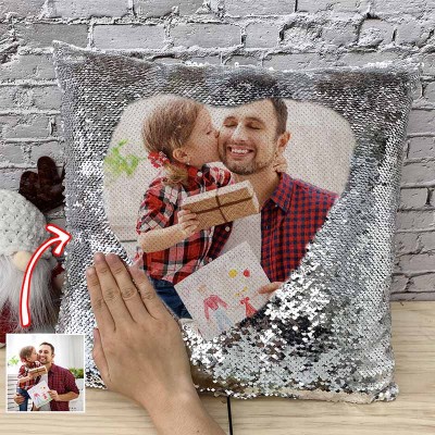 Oreiller photo personnalisé à paillettes argentées pour la fête des pères de papa
