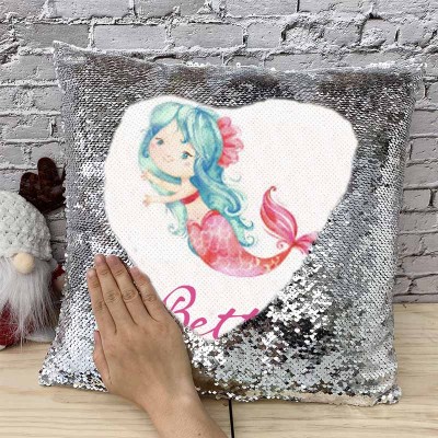 Cadeau d'anniversaire de fille de sirène d'oreiller de ruban de nom de sequin personnalisé
