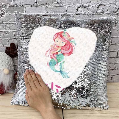 Cadeau d'anniversaire de fille de sirène d'oreiller de ruban de nom de sequin personnalisé