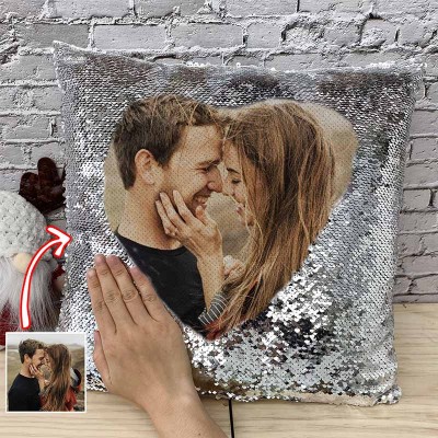 Oreiller photo personnalisé à sequins argentés pour les couples Saint Valentin
